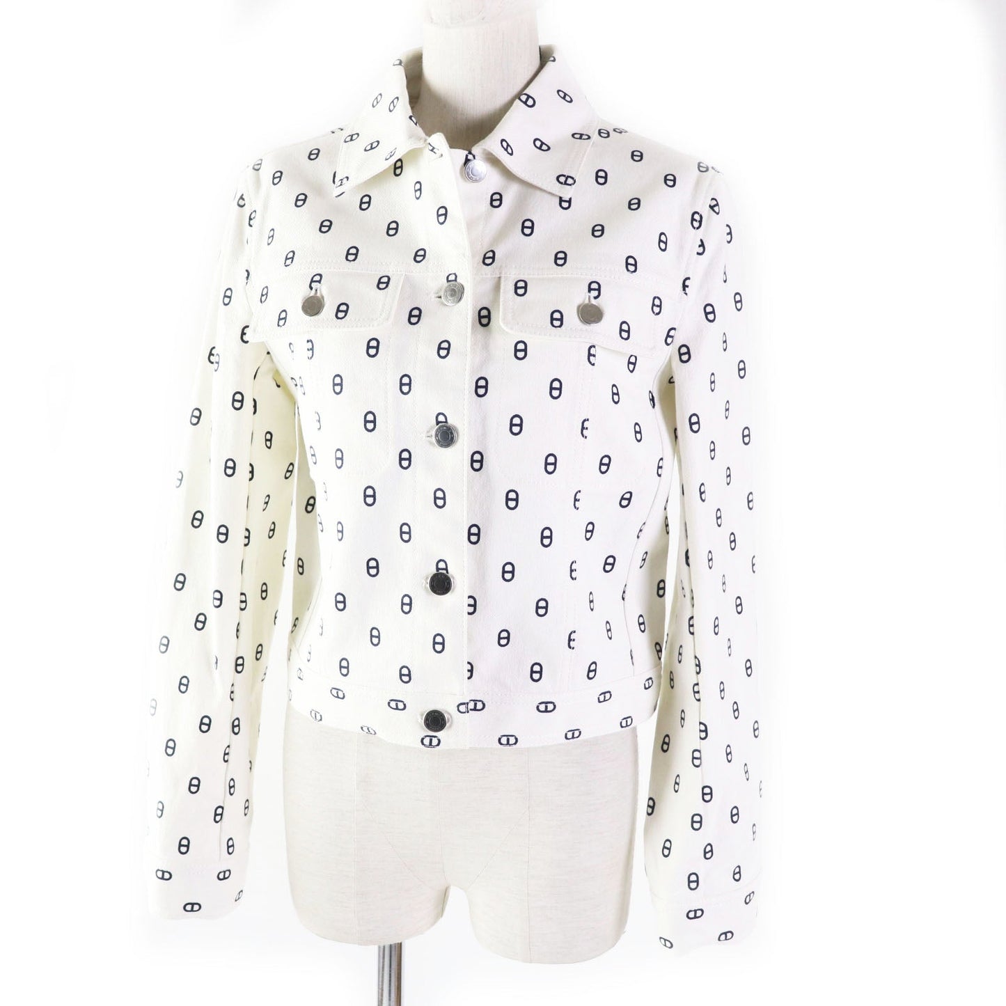 HERMES Denim Jacket 3E0231D5 Outer material: 98% cotton, Outer material: 2% polyurethane, Lining: 100% cotton, Leather part: Cowhide White navy Women 38 Used