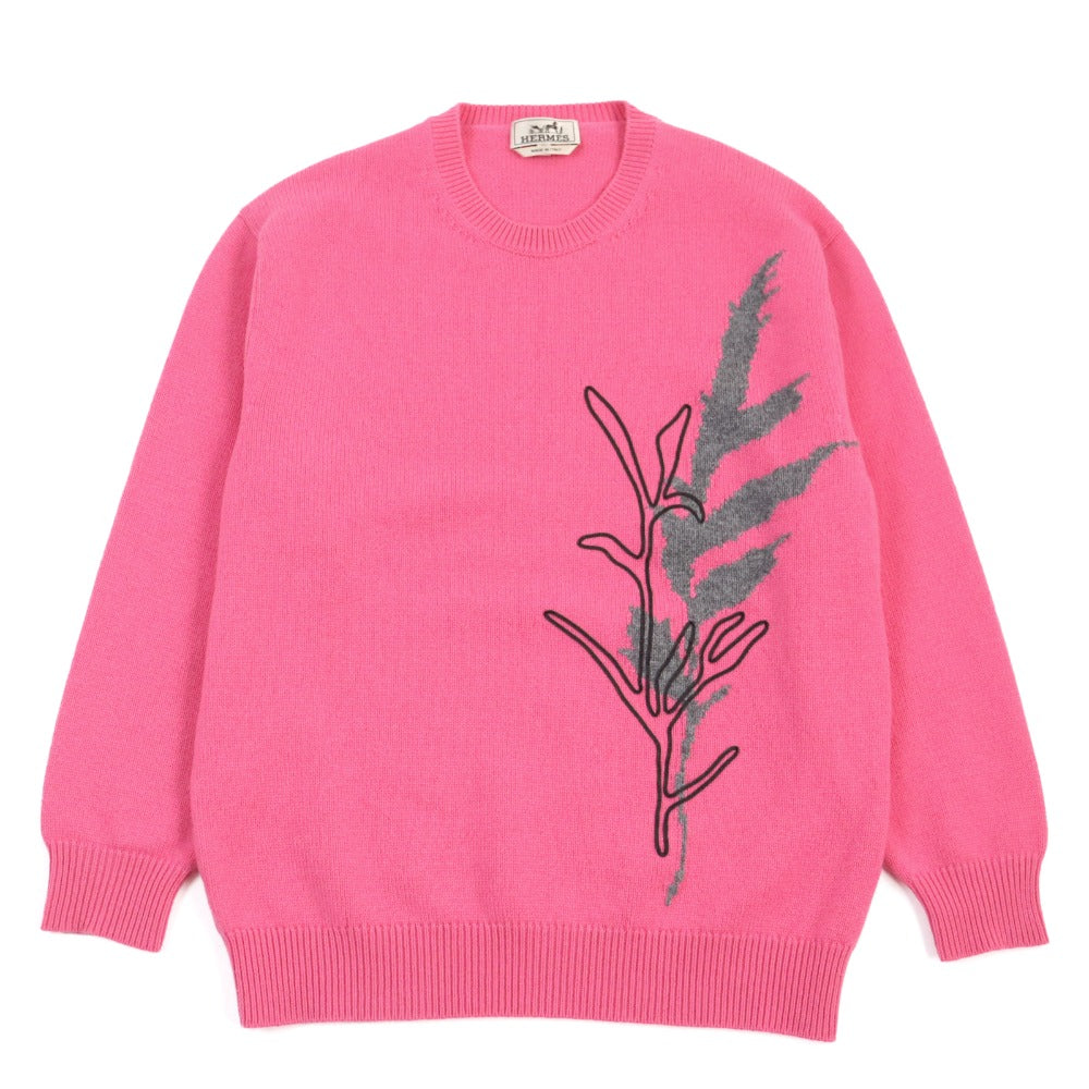 HERMES knit cashmere Pink type Herbarium Pattern Herbier et ruban cuir M