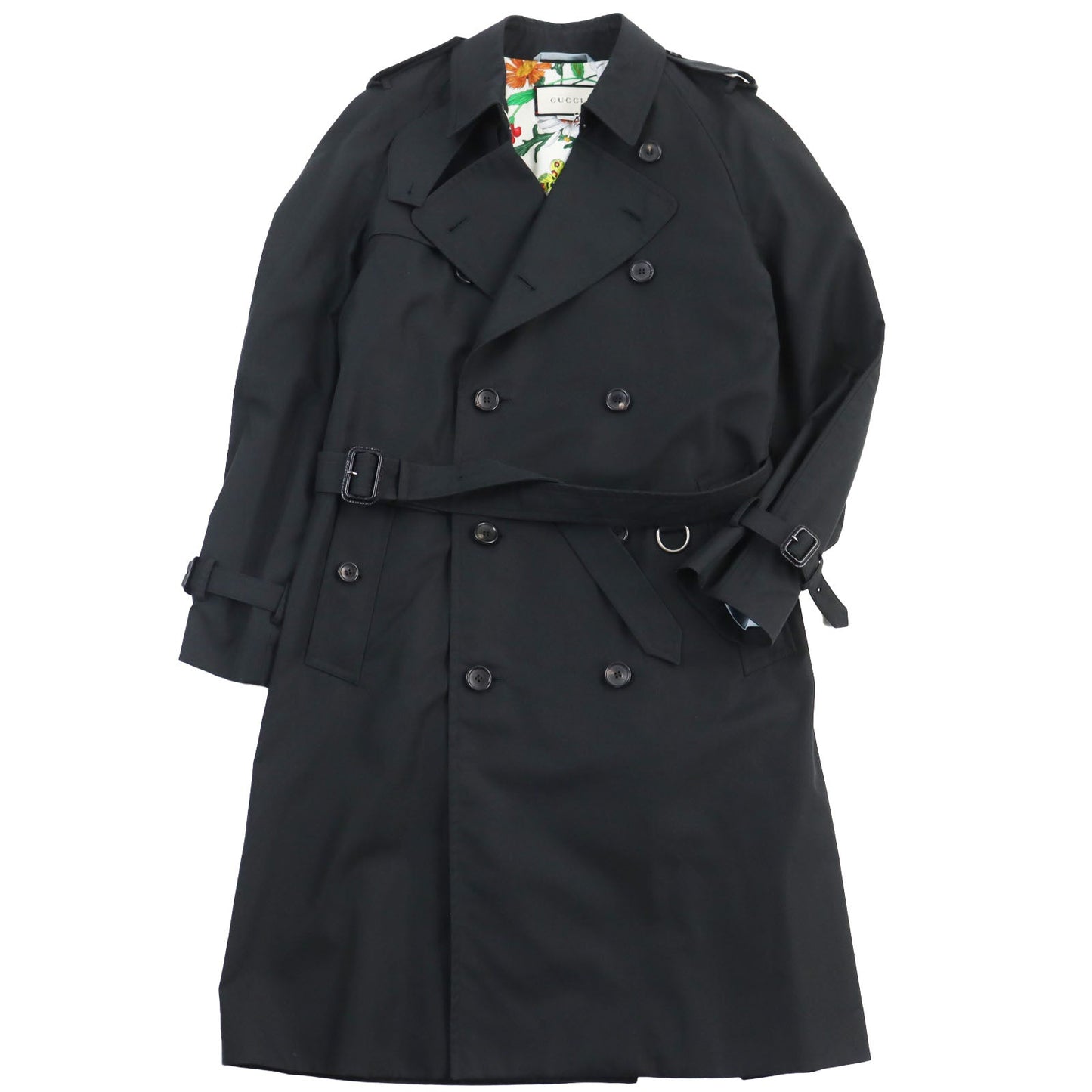 GUCCI trench coat 572881 Outer: 67% cotton, Outer: 33% polyamide (nylon), Part: 100% leather, Lining: 68% rayon, Lining: 32% silk, Lining: 100% silk black mens 42 Used
