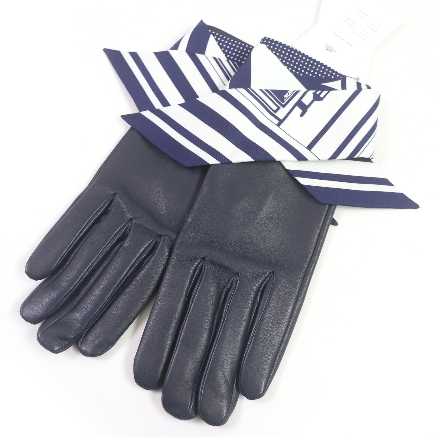 HERMES gloves Main: Lamb leather, Lining and scarf: 100% silk Navy Women 7.5 Used