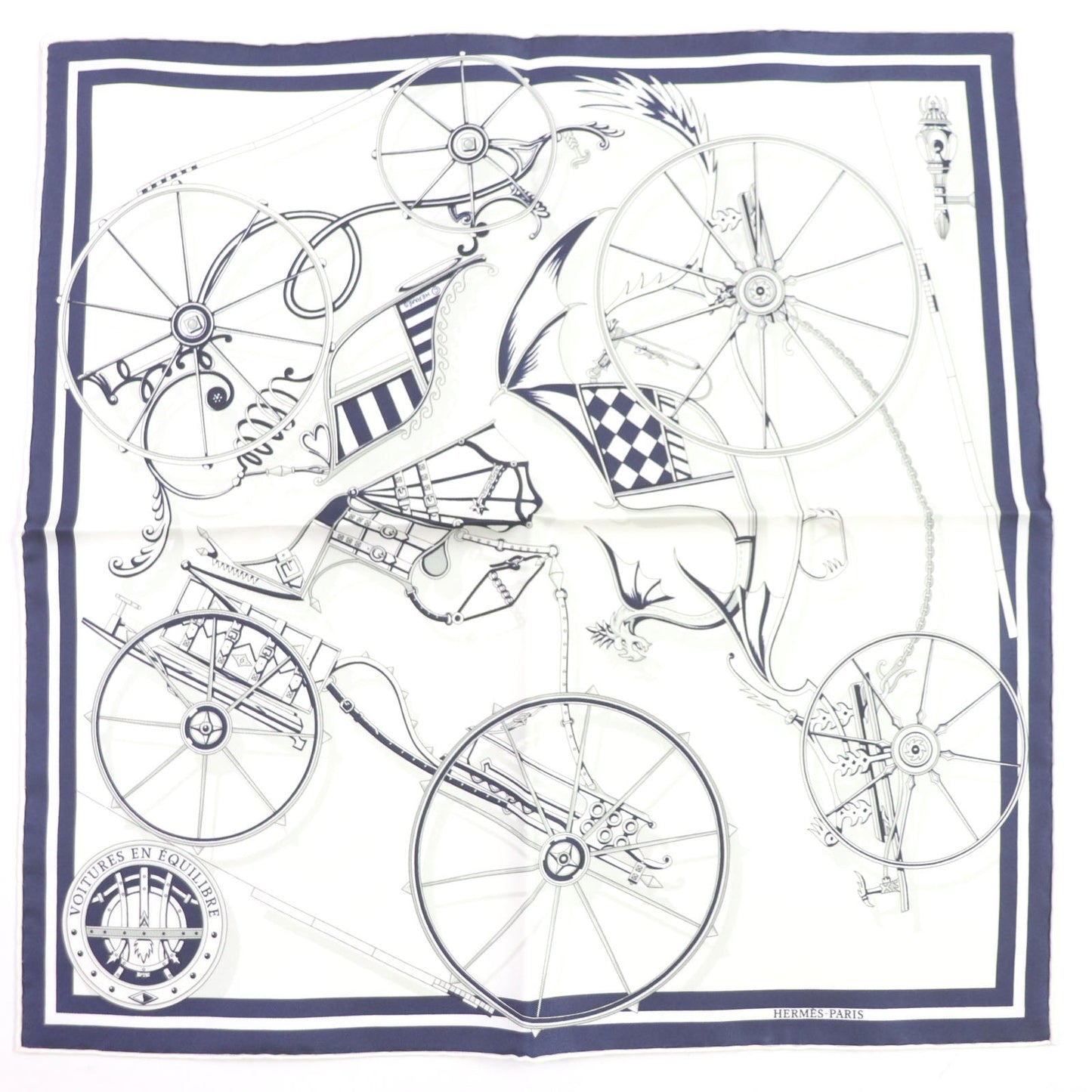 HERMES scarf Main: 100% silk BLANC MARINE GRIS Gavroche Voiture en equilibrium Carre45 Women Used