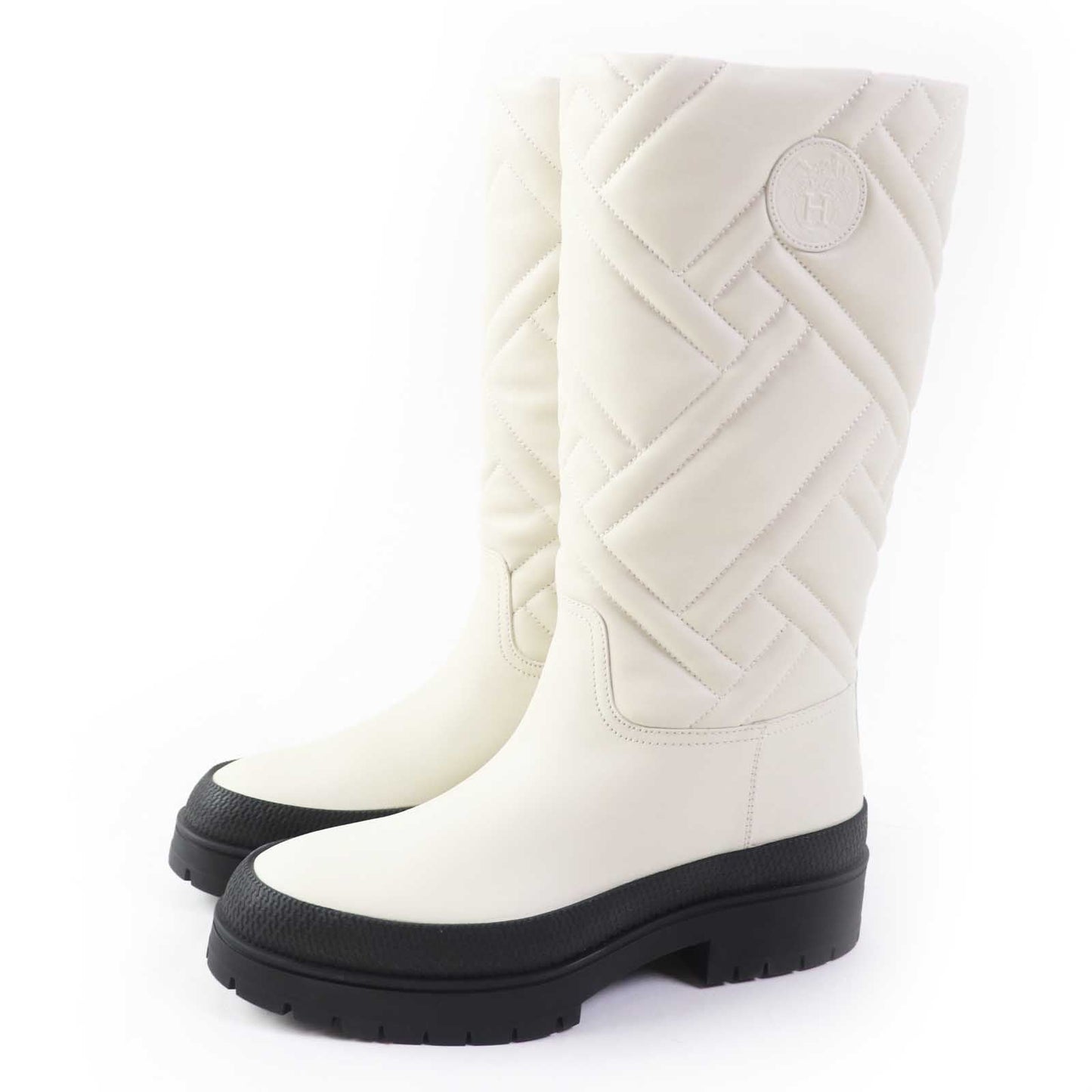 HERMES Knee-high boots Calfskin Rubber Light beige type Black FUJI Women 36 Used