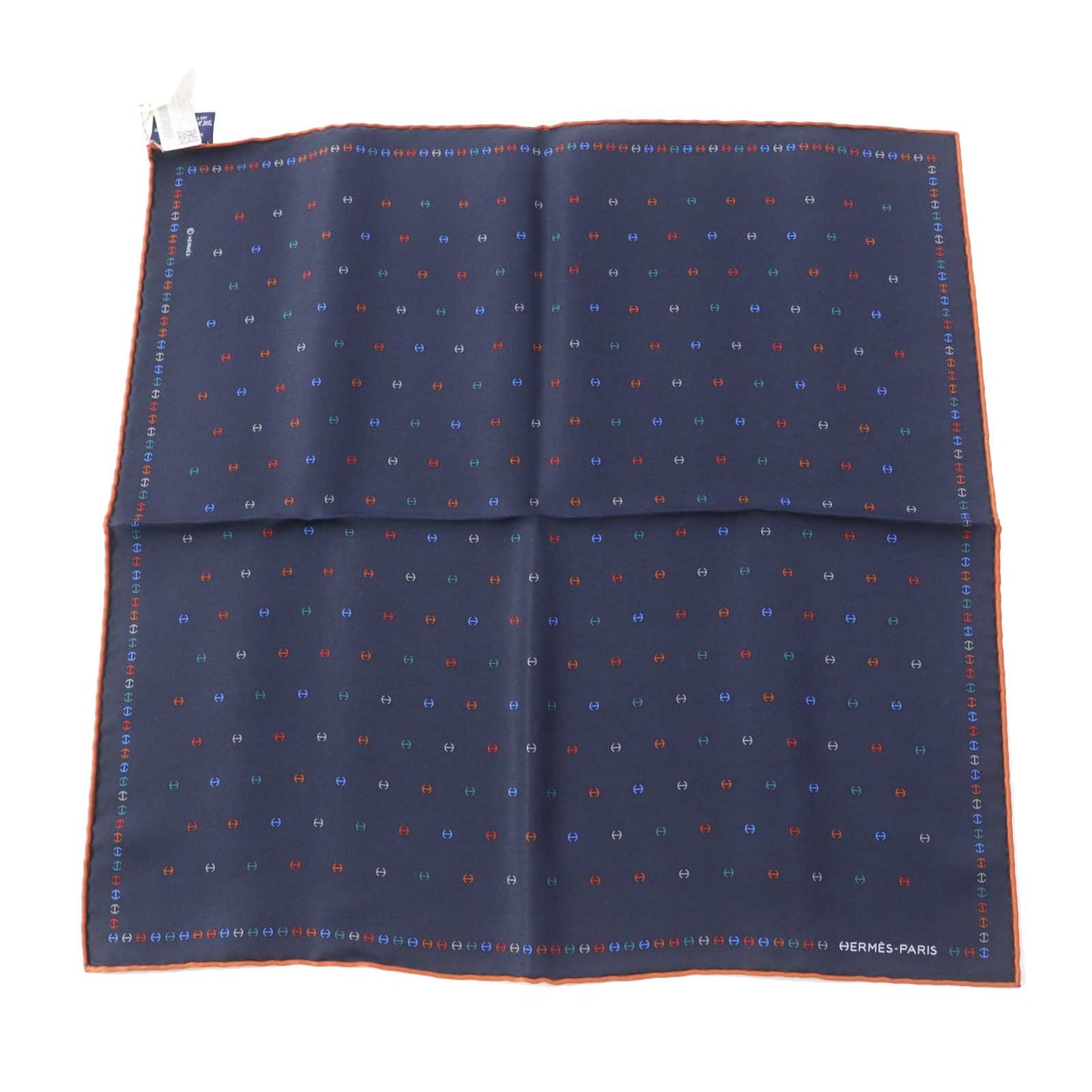 HERMES handkerchief 100% silk Navy H Tonneau Multicolor