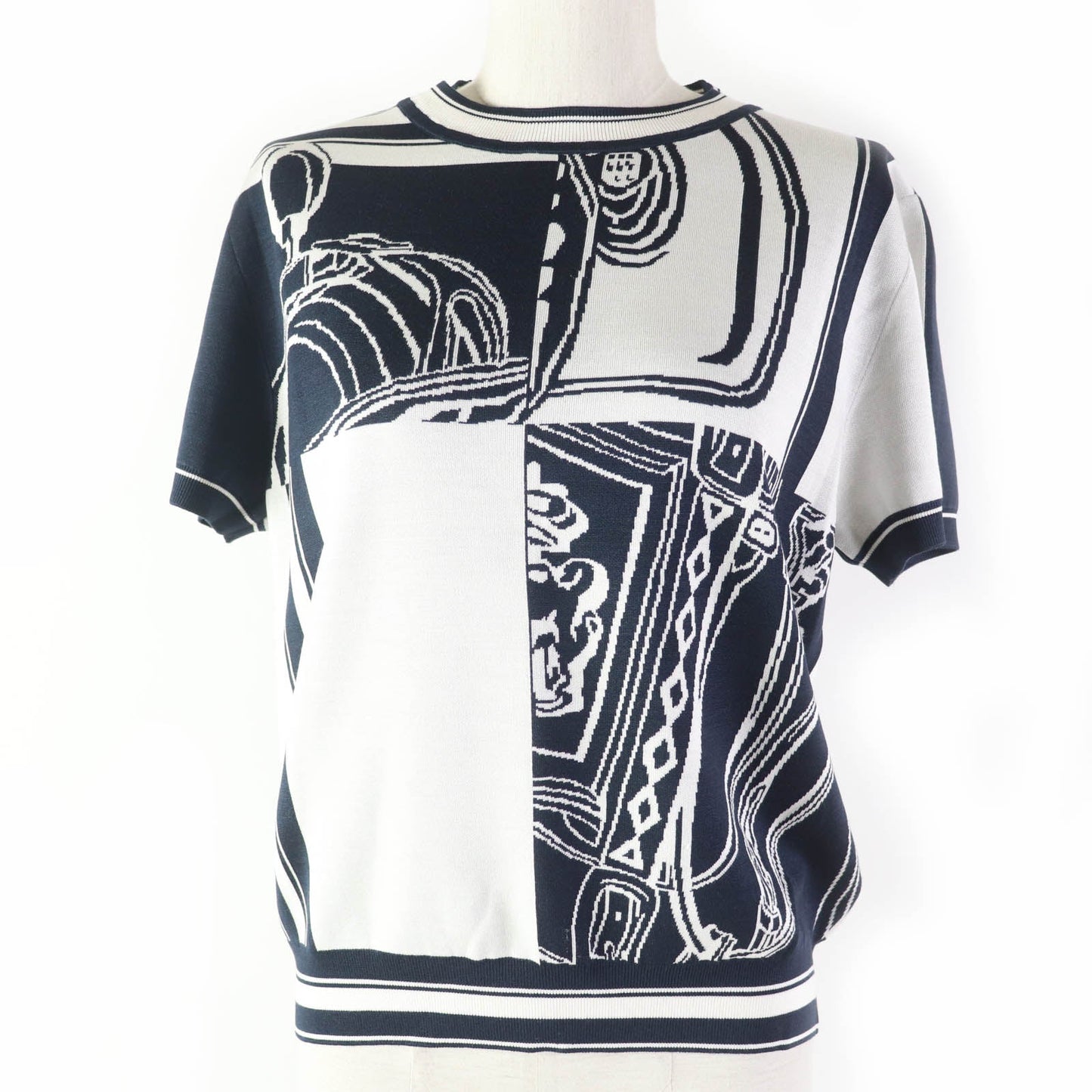 HERMES Short sleeve knit 4E2654D6 silk Navy white Knit jacquard chaos 42
