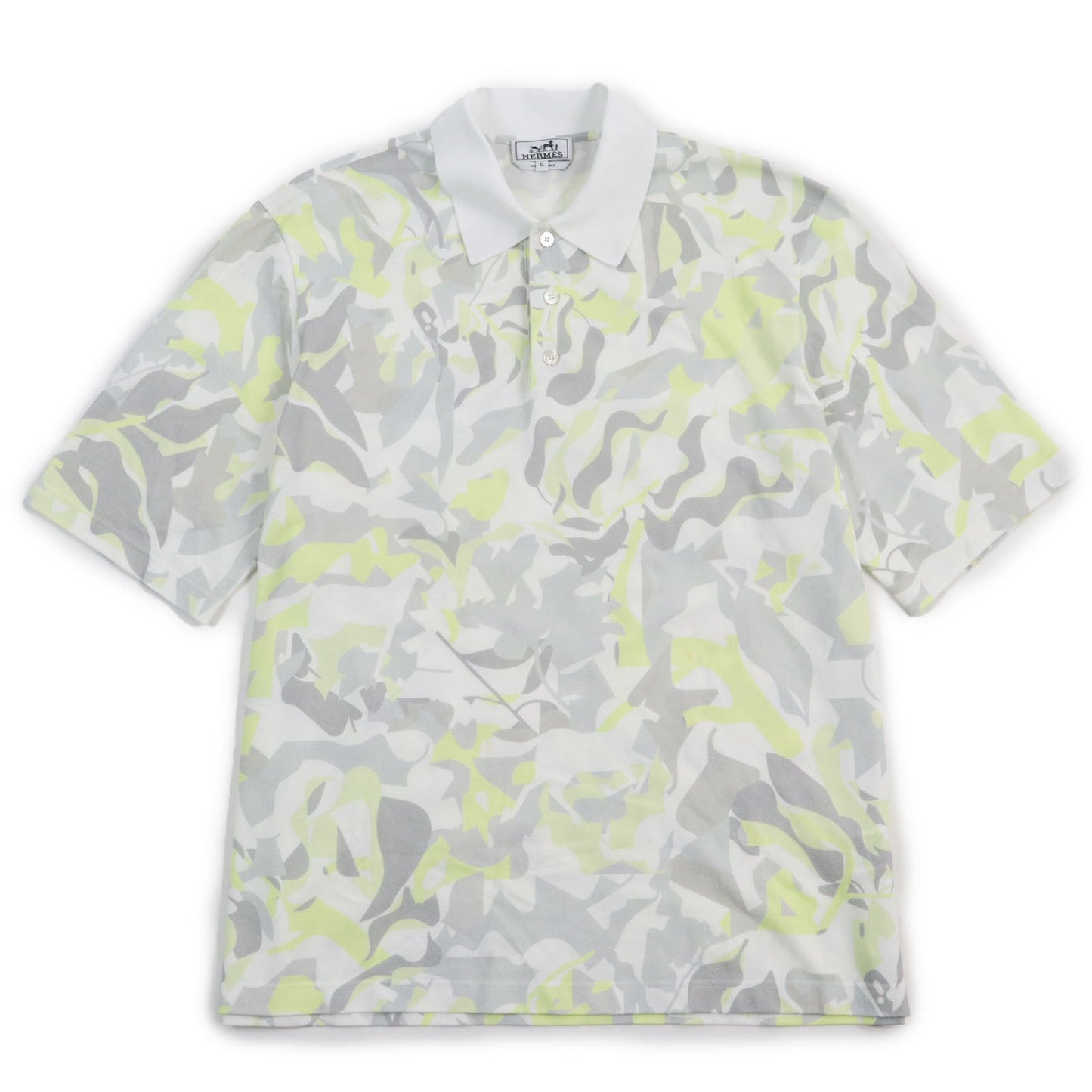 HERMES Short sleeve polo shirt cotton Gray yellow Puzzle Vegetal XL