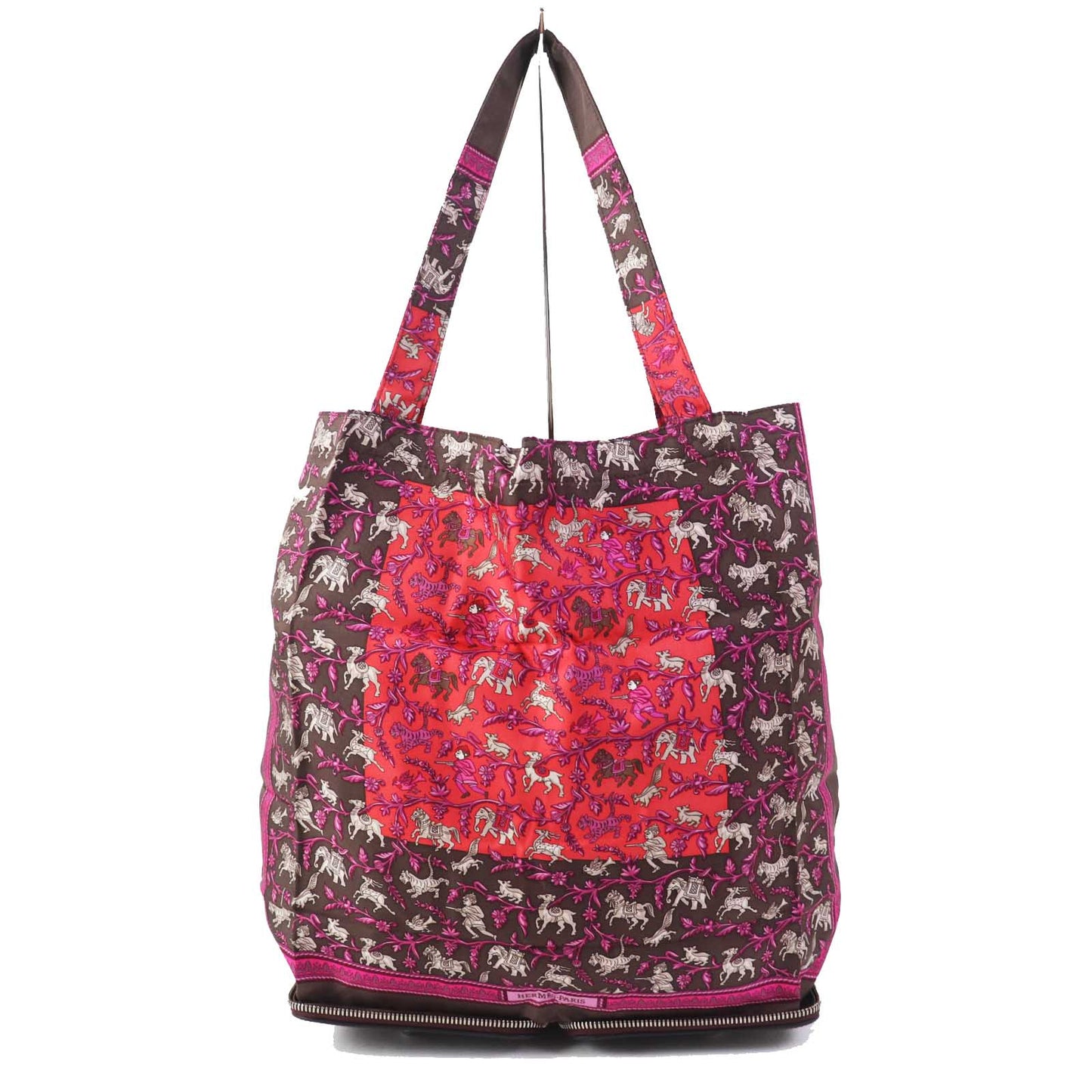 HERMES Tote Bag Buffle Skipper Silk Chocolat Silky pop Chasse En Inde Indian Hunting