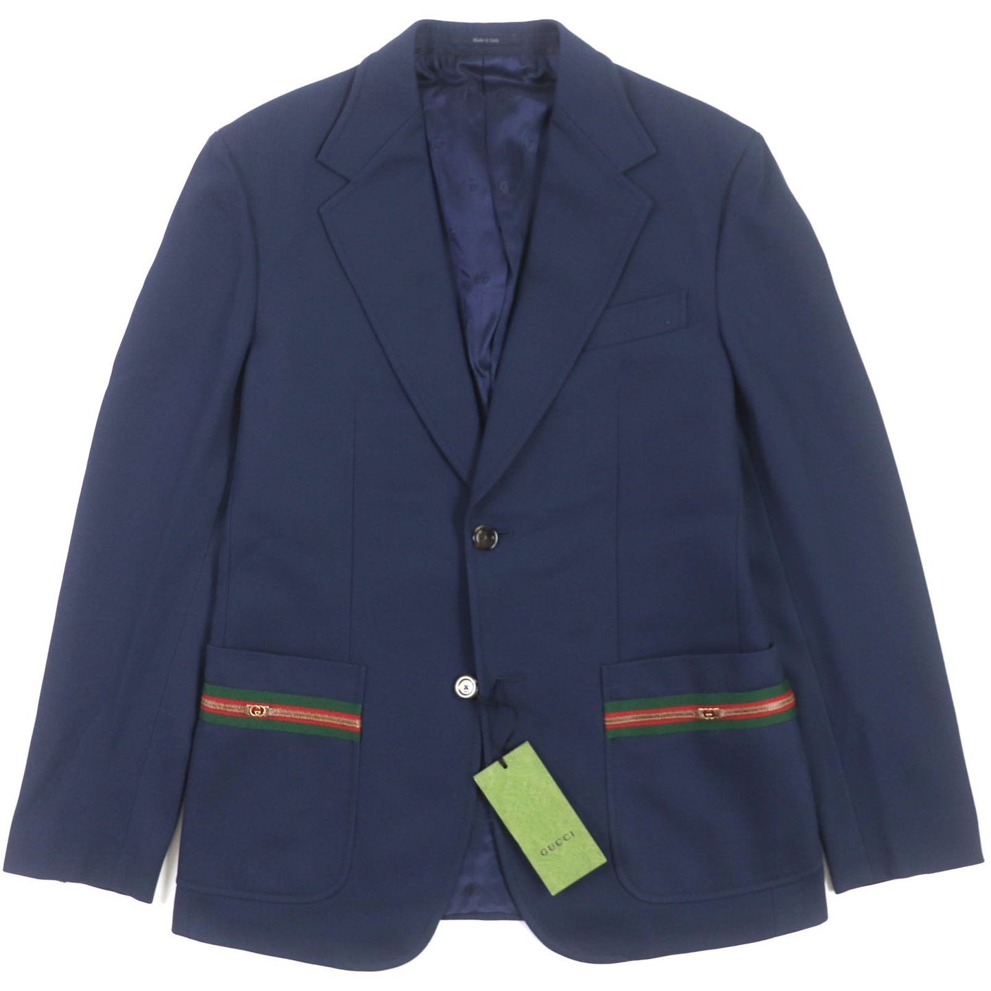 GUCCI tailored jacket 751155 Main: 100% cotton, Lining: 100% rayon, Parts: 100% rayon, Applique: 35% acrylic, 35% alpaca, 30% polyester Navy Cotton formal jacket with Web stripe detail mens 46 Used