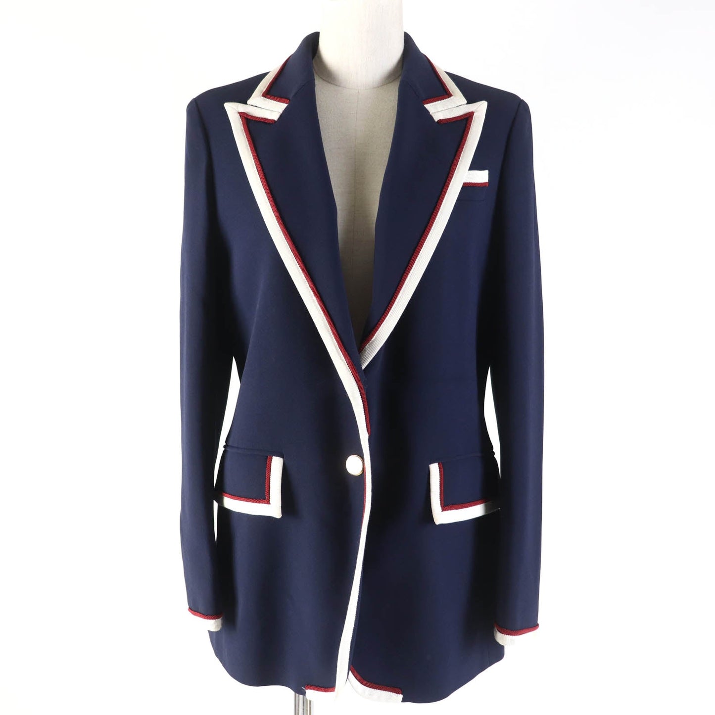 GUCCI tailored jacket 523859 Main: 97% rayon, Main: 3% polyurethane, Part: 100% polyester, Part: 50% cotton, Part: 50% rayon, Lining: 100% silk Navy Women 42 Used