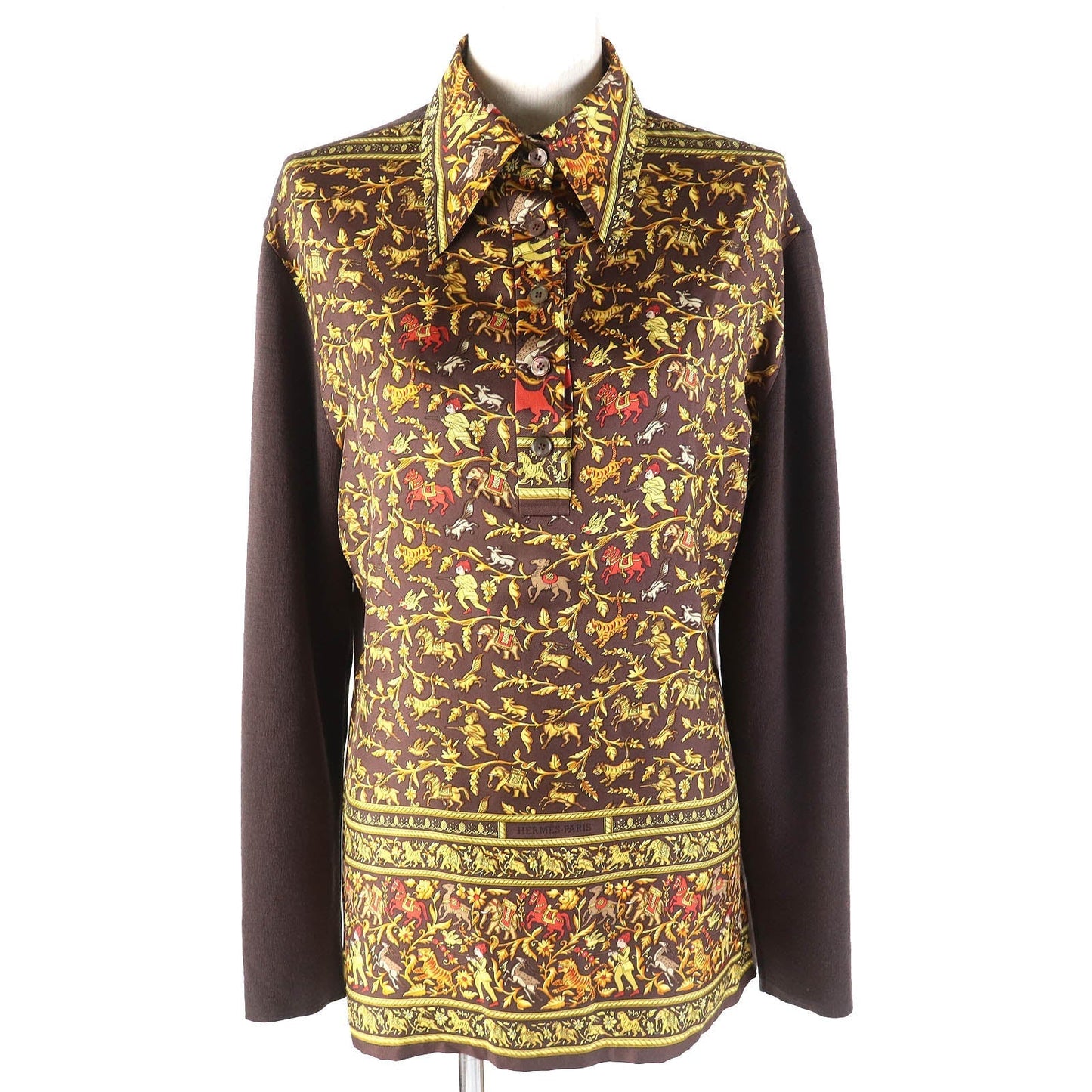 HERMES tops silk Dark Brown Yellow S