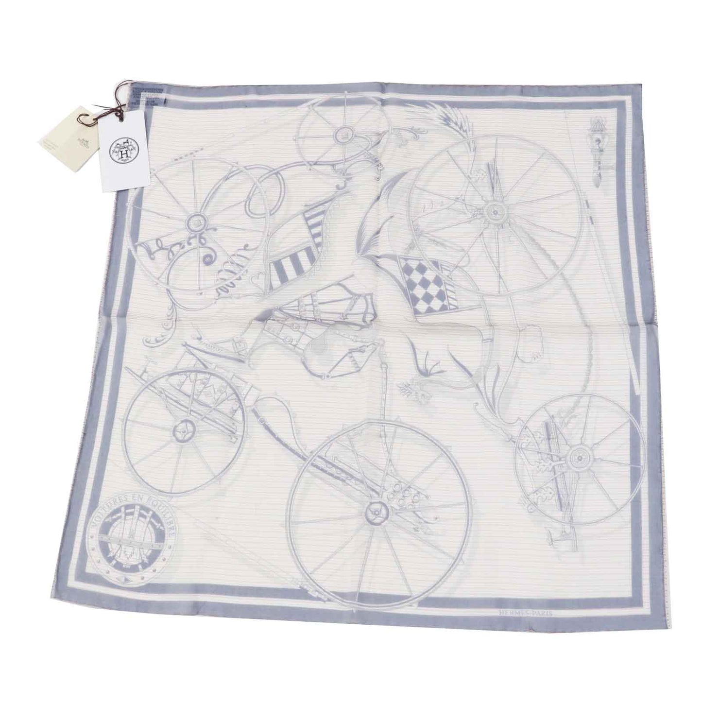 HERMES scarf silk Navy Beige type Gavroche 45 VOITURES ENEQUILIBRE Elaborate carriages