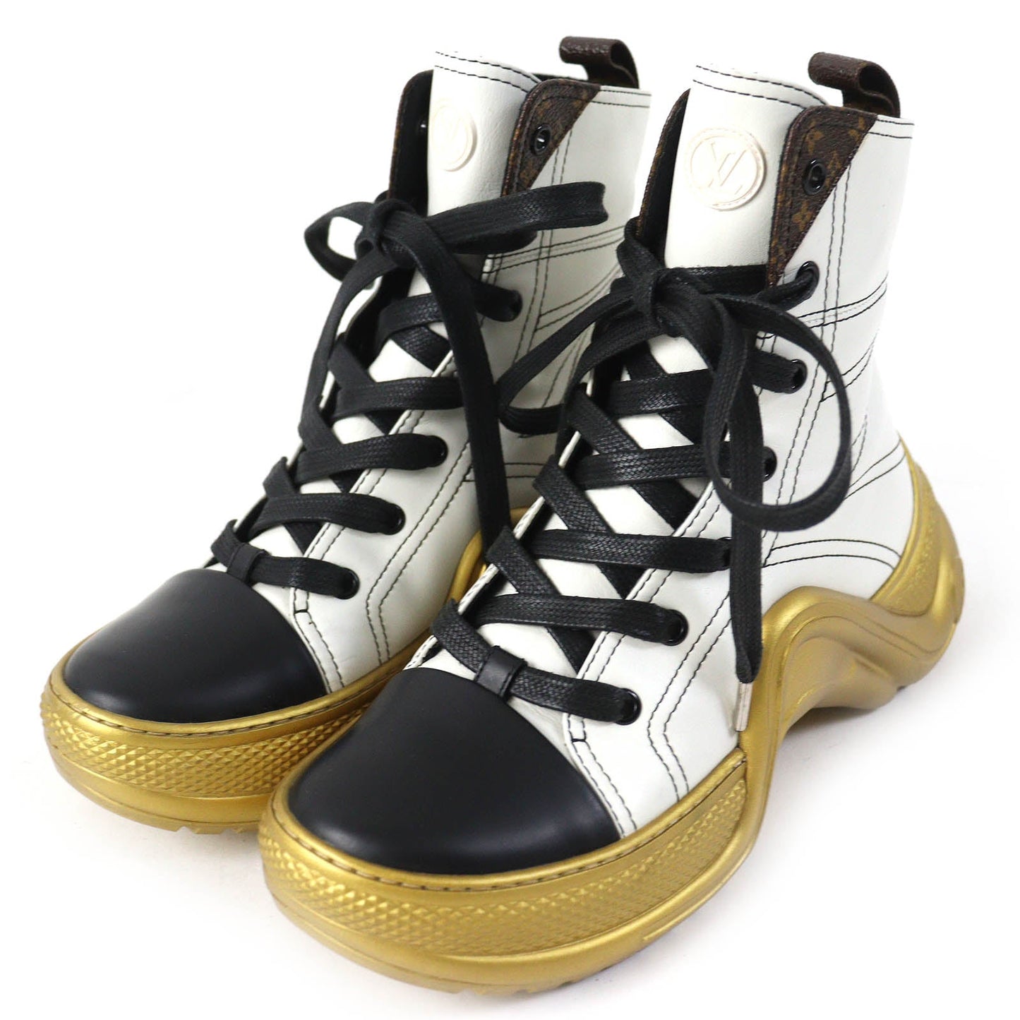 LOUIS VUITTON Ankle boots leather White Black Gold Arclight line 37