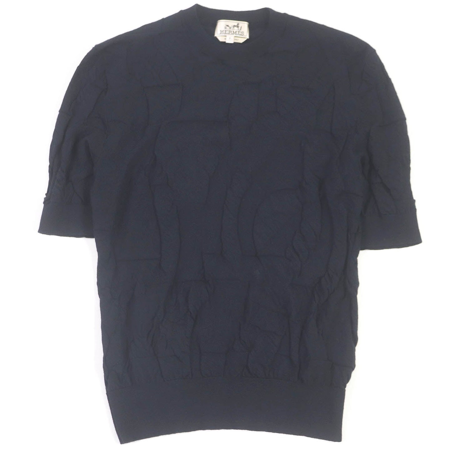 HERMES Short sleeve knit wool Navy Jeu de points harnais S