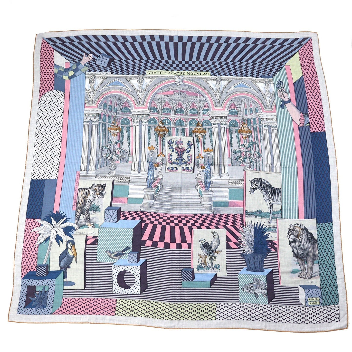 HERMES scarf cashmere Gris Chine/Bleu/Rose Carre140 GRAND THEATRE NOUVEAU