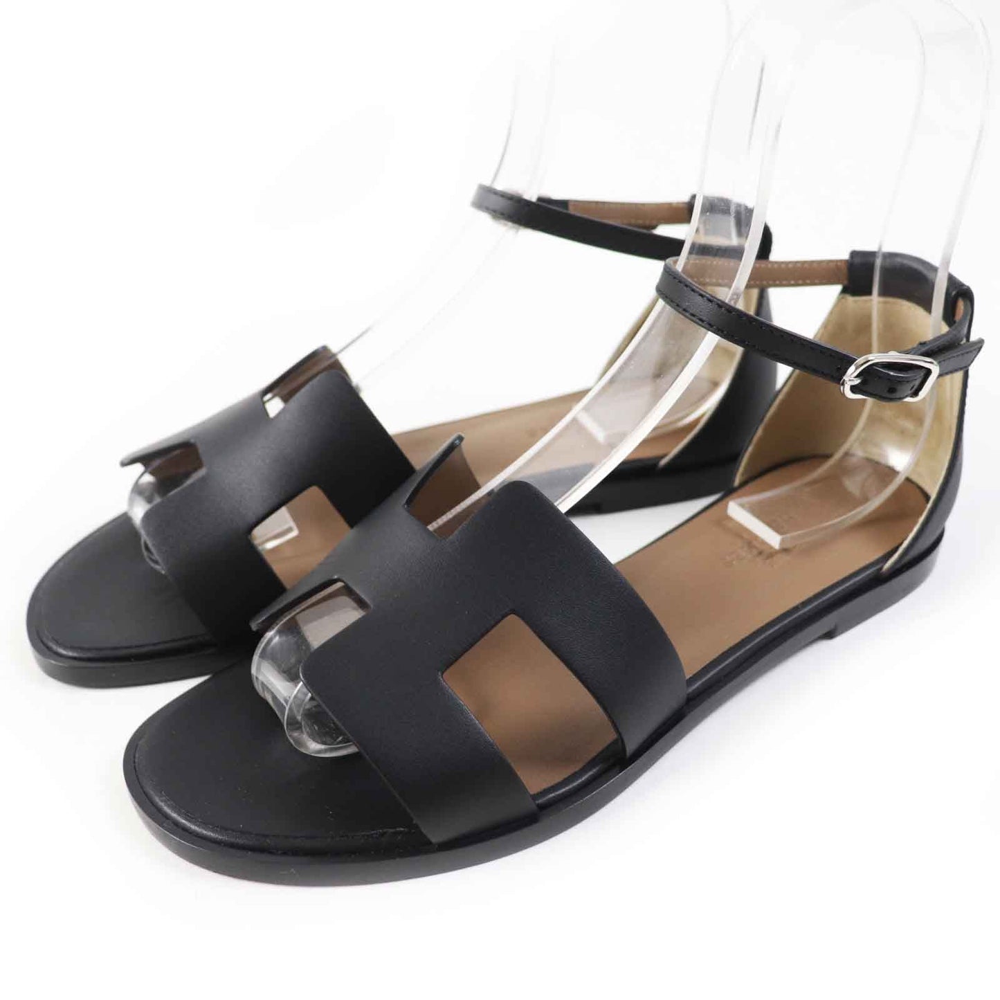 HERMES Sandals leather black Santorini 37