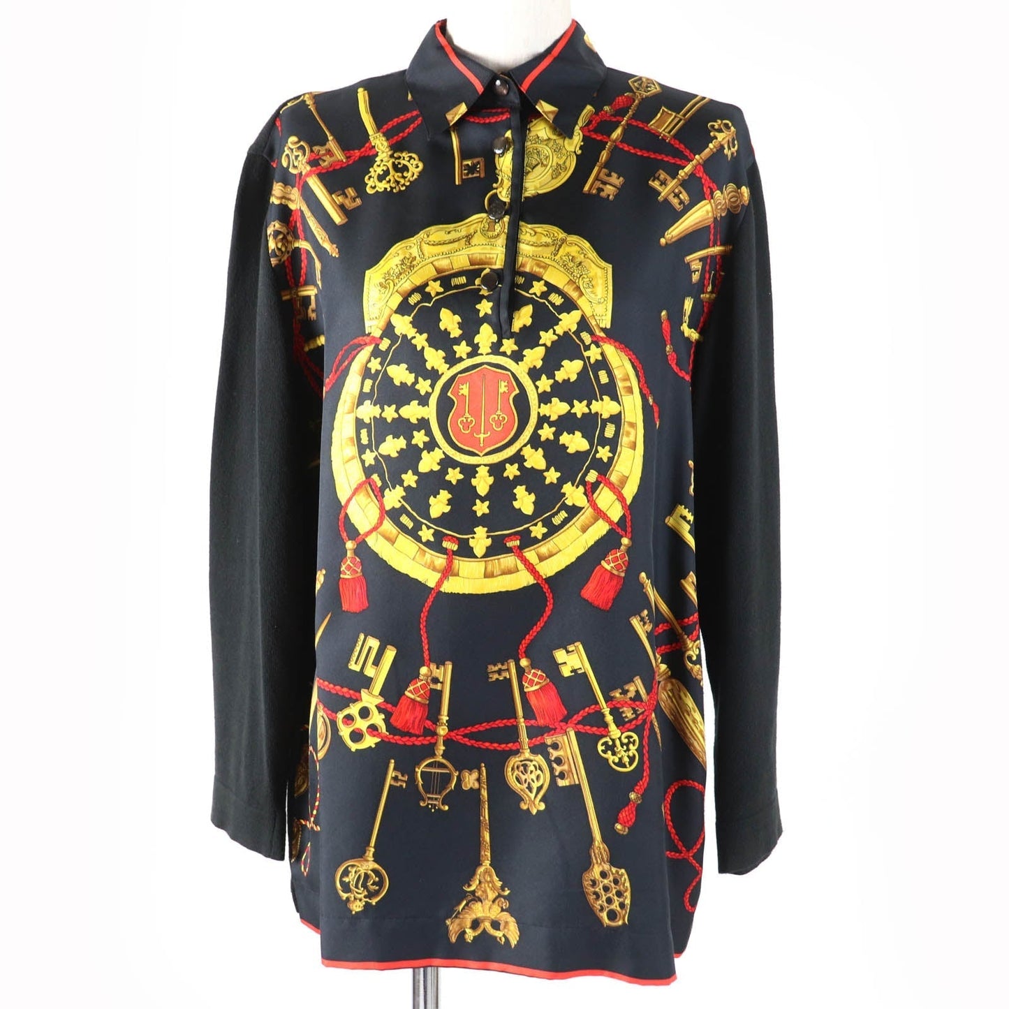 HERMES Long sleeve polo shirt Main: 100% silk, part: 85% cotton, part: 15% cashmere black LES CLES THE KEYS RARE Women M Used