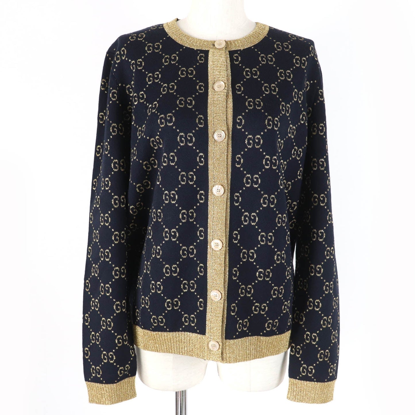 GUCCI cardigan 526758 Main: 77% cotton, Main: 12% nylon, Main: 11% metal fiber, Part: 50% metal fiber, Part: 50% nylon Dark navy gold Women XL Used