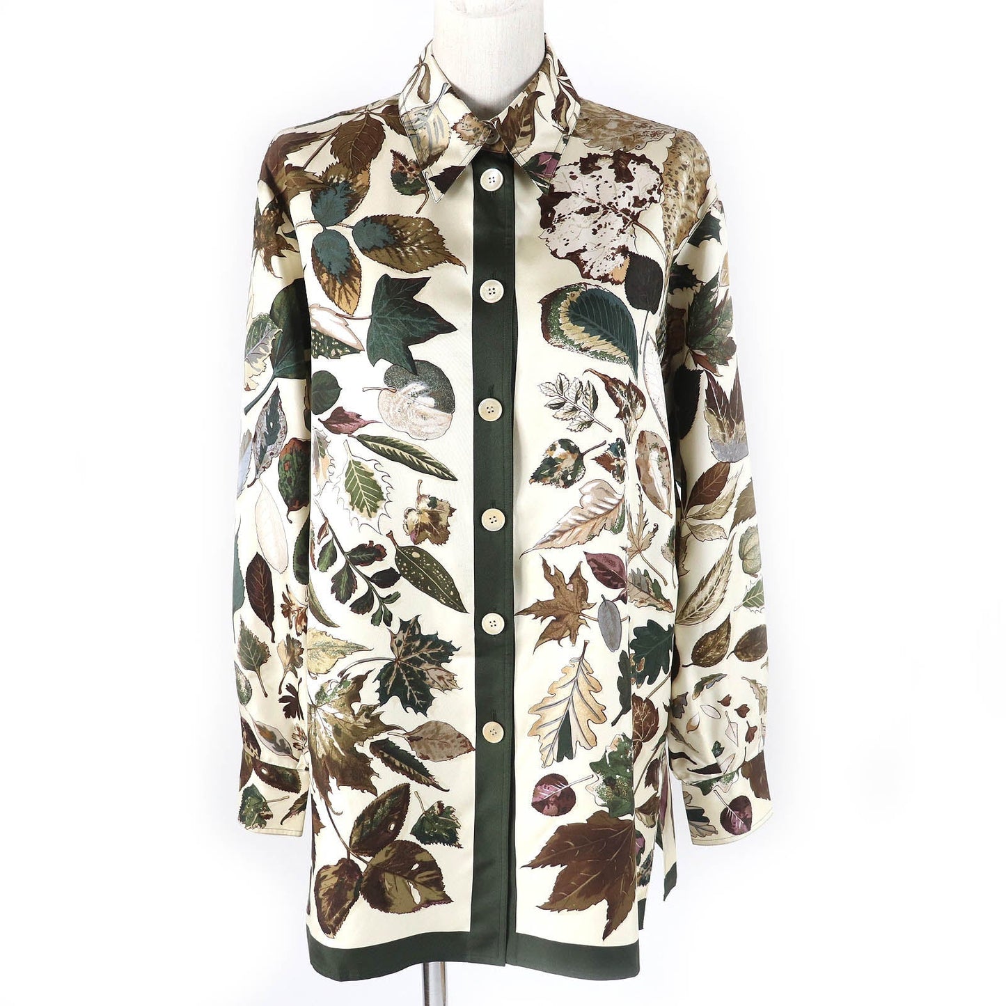 HERMES Long sleeve shirt Main: 100% silk Brown Khaki Beige Tourbillon swirl Women 38 Used
