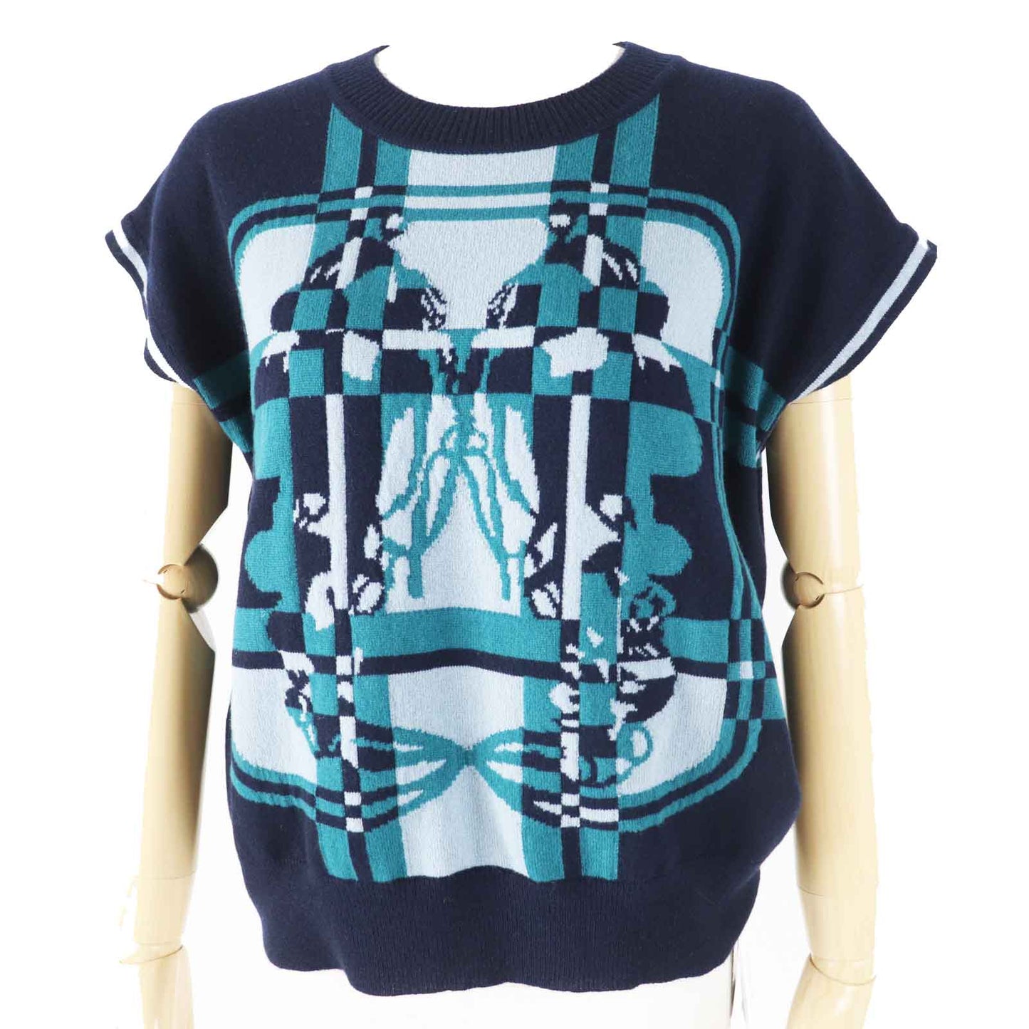 HERMES knit 3H2608DD Main: 100% cashmere Dark Navy Green BRIDES de GALA Tartan ceremonial bridle Women 38 Used