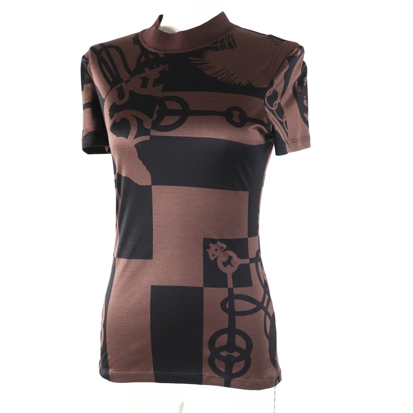 HERMES tops 2E0601DX Main: 100% silk, part: 77% silk, part: 17% nylon, part: 6% polyurethane Brown black Women 36 Used