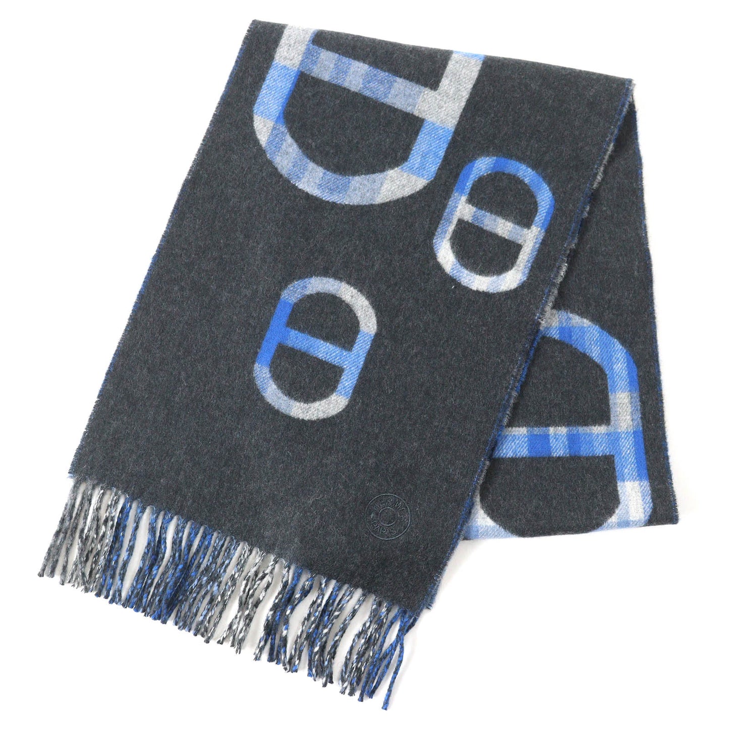 HERMES Scarf Main: 100% cashmere Anthracite/Blue tartan maillon Women Used