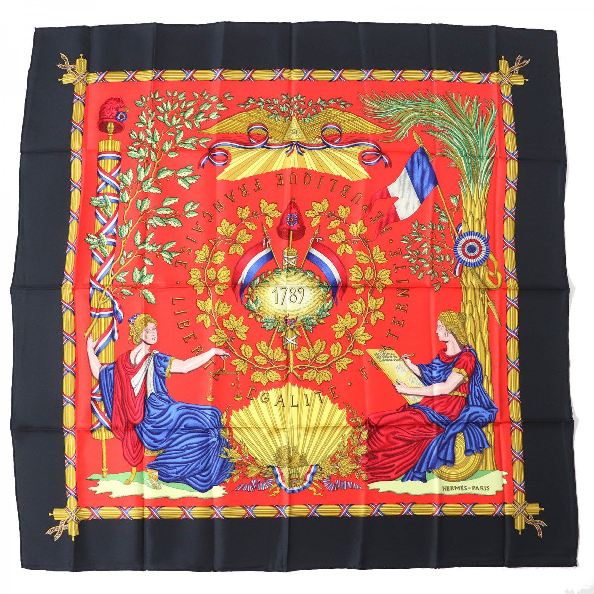 HERMES scarf Main: 100% silk black red multicolor 1789 LIBERTE EGALITE FRATERNITE REPUBLIQUE FRANCAISE 1789 Commemorating the French Revolution Women Used