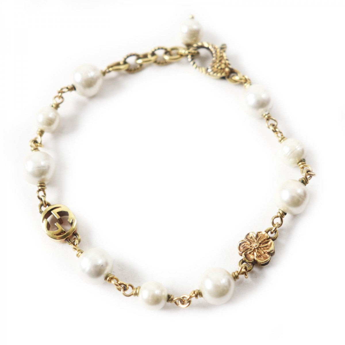 GUCCI bracelet 664352 Metal, Glass Pearl gold Flower and Pearl Interlocking G logo Women Used