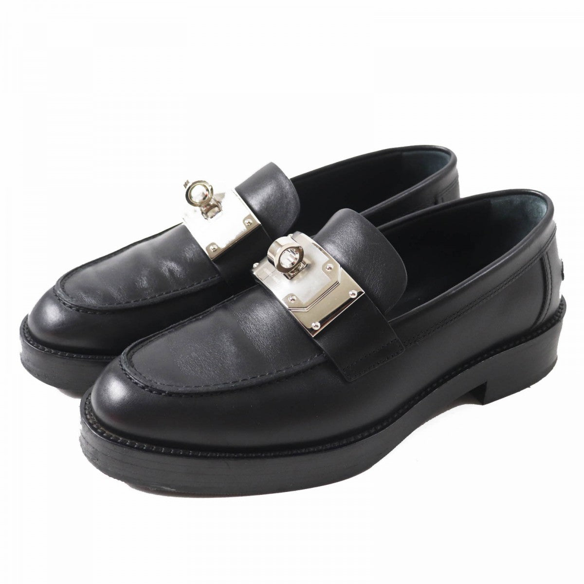 HERMES loafers leather black HOT 36
