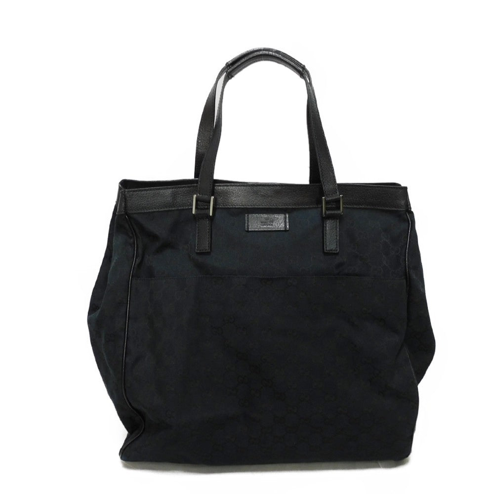 GUCCI Tote Bag 152601 GG canvas x calf leather black Calfskin logo embossed leather patch GG canvas tote mens Used