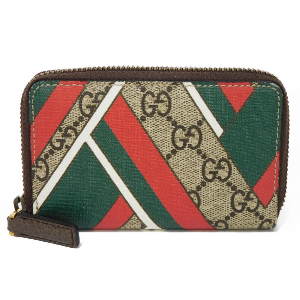 GUCCI Coin case 429232 GG Supreme canvas (polyurethane processing) x Calfskin leather beige Chevron Web Stripe Green GG Supreme compact zip around wallet unisex(Unisex) Used