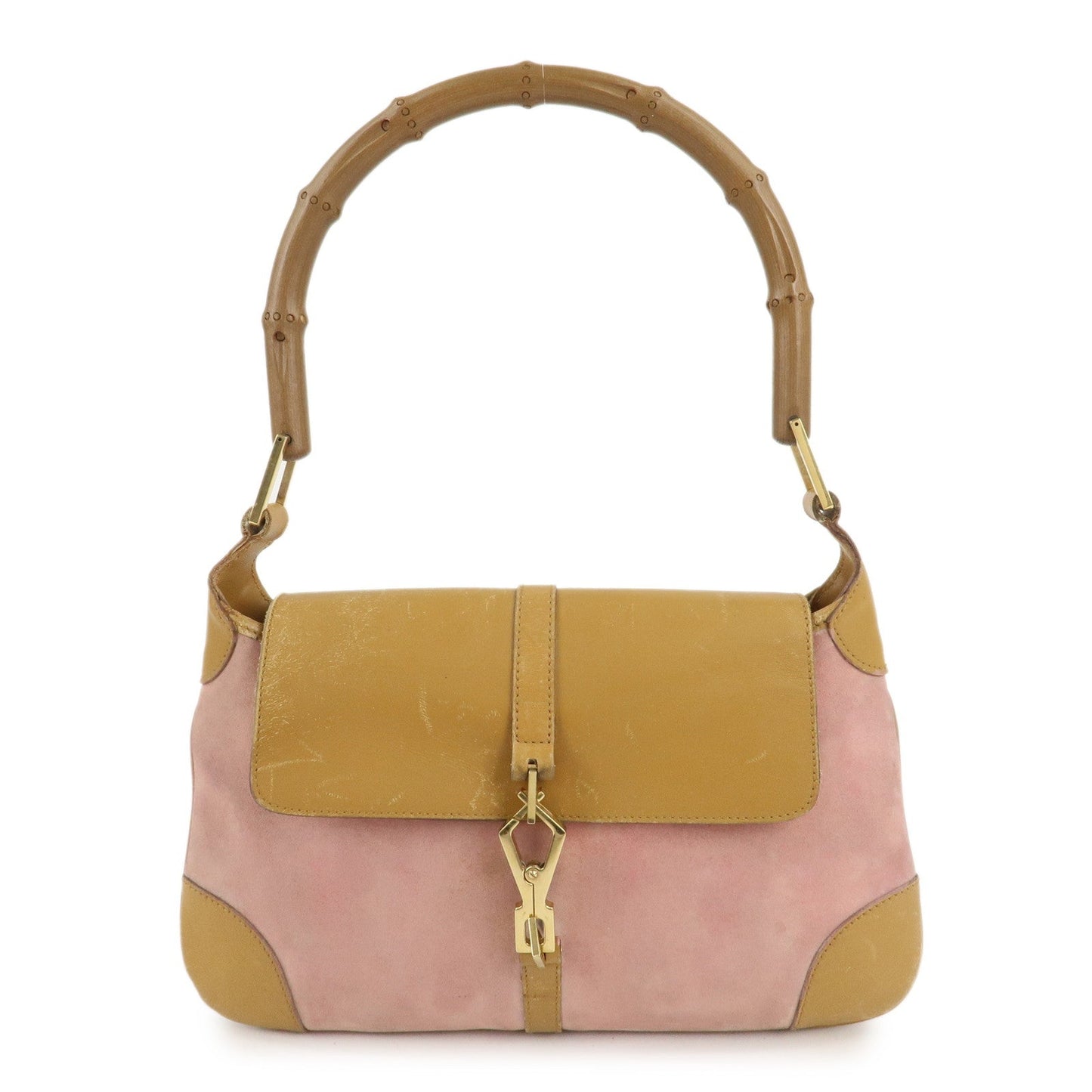 GUCCI Bamboo Suede Leather Shoulder Bag Pink Beige 001.4096.1705