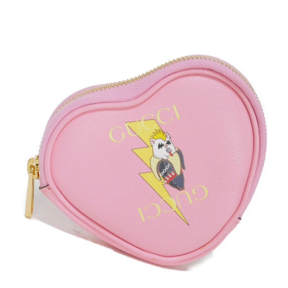 GUCCI Pouch 701062 U22AG 5964 Textured leather Light pink logo Bananya Heart Shape Coin Case Women Used