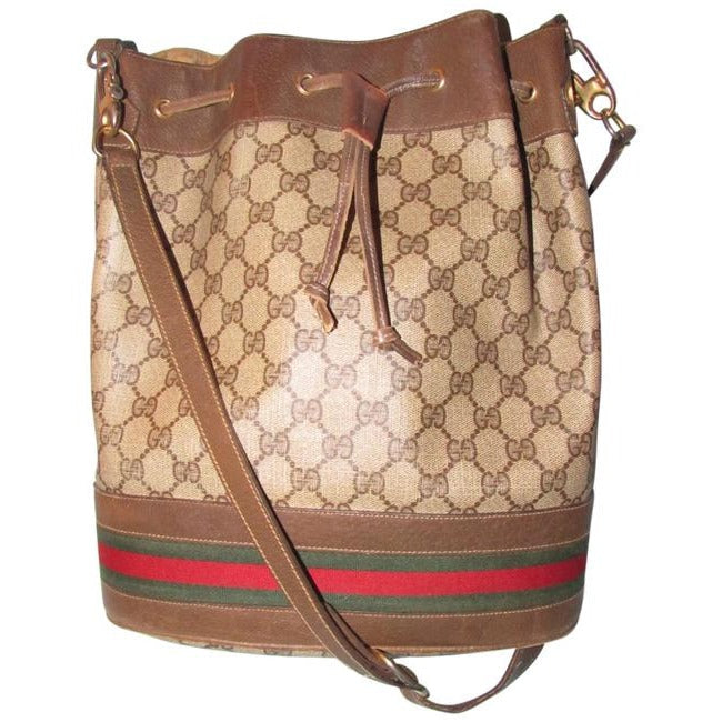 Gucci brown Guccissima print coated canvas & brown leather drawstring top Bucket Bag w red & green striped bottom