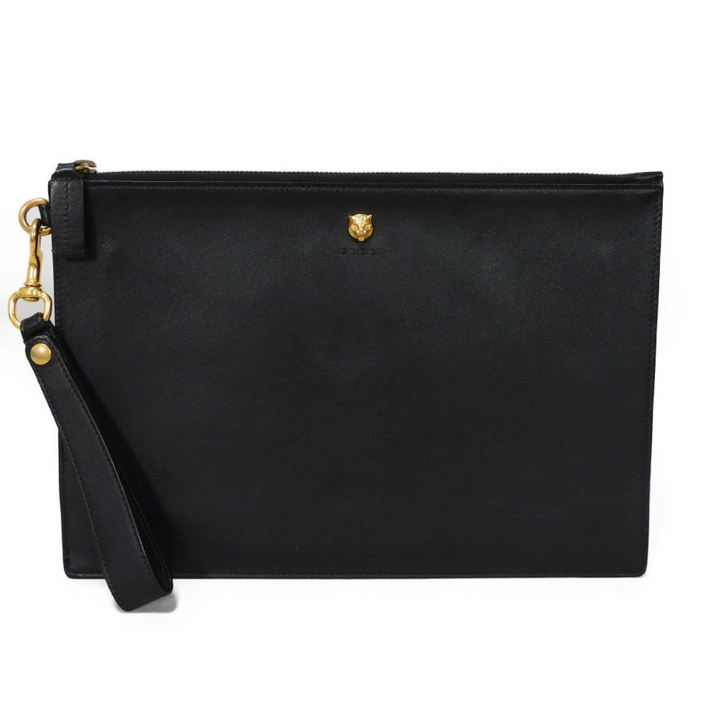 GUCCI Clutch bag 428724 AP00T 1000 Smooth Calfskin Leather black Logo embossing Animalier Cat Tiger Pouch mens Used
