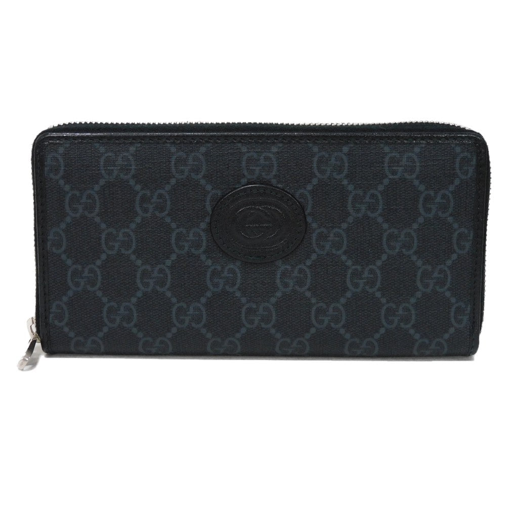 GUCCI Long Wallet Purse 673003 92TCN 1000 GG Supreme canvas (polyurethane processing) x Calfskin leather black GG Supreme Interlocking G zip-around wallet mens Used