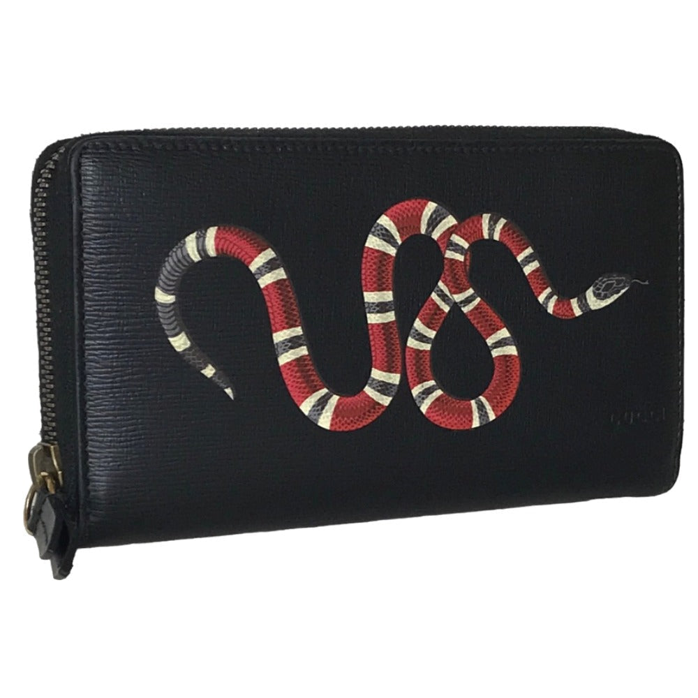 GUCCI Long Wallet Purse 451273 2778 leather black Round zip King snake print mens(Unisex) Used