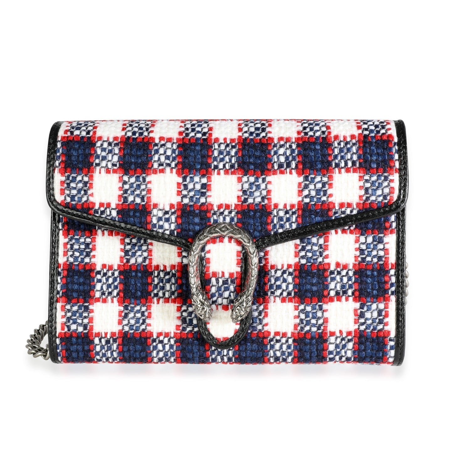 Gucci White, Marine, & Hibiscus Red Tweed Mini Dionysus Chain Wallet