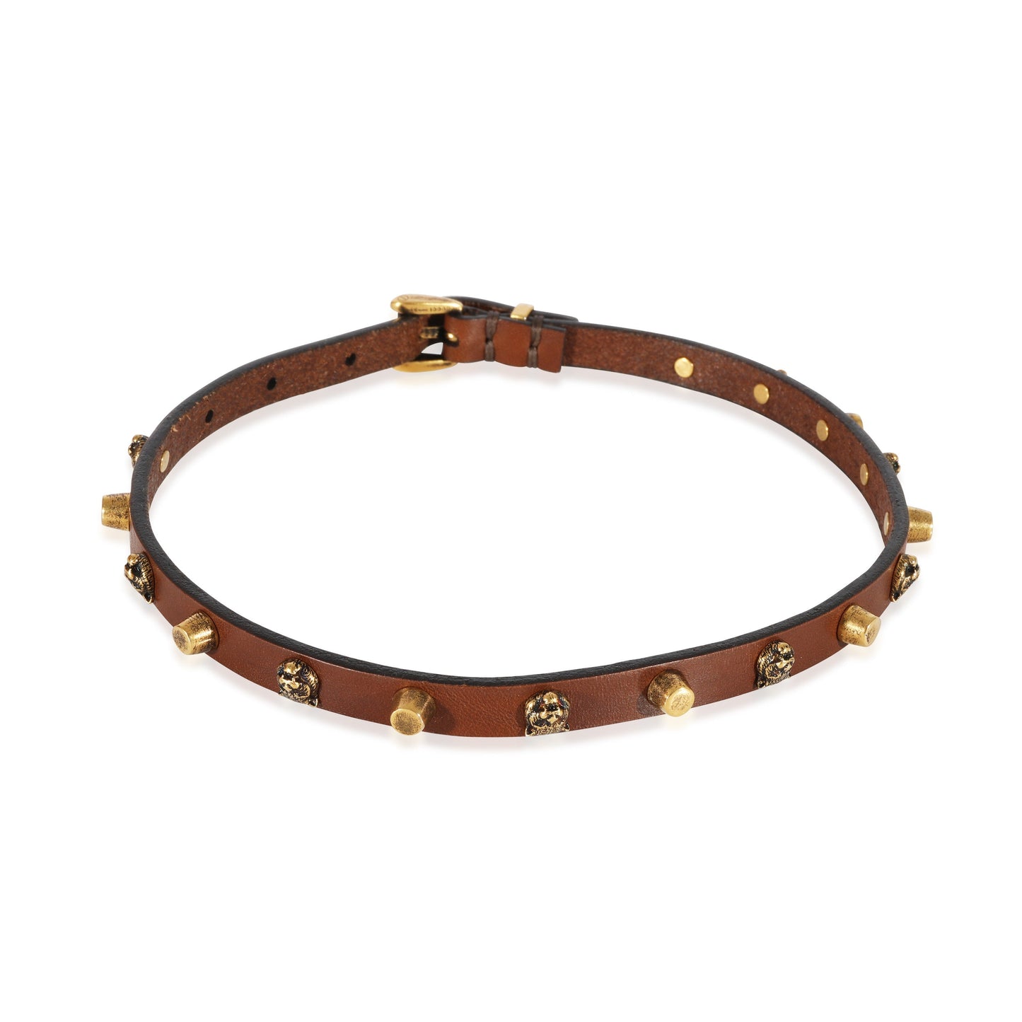 GUCCI Brown Leather Feline Head Studded Gold Tone Choker