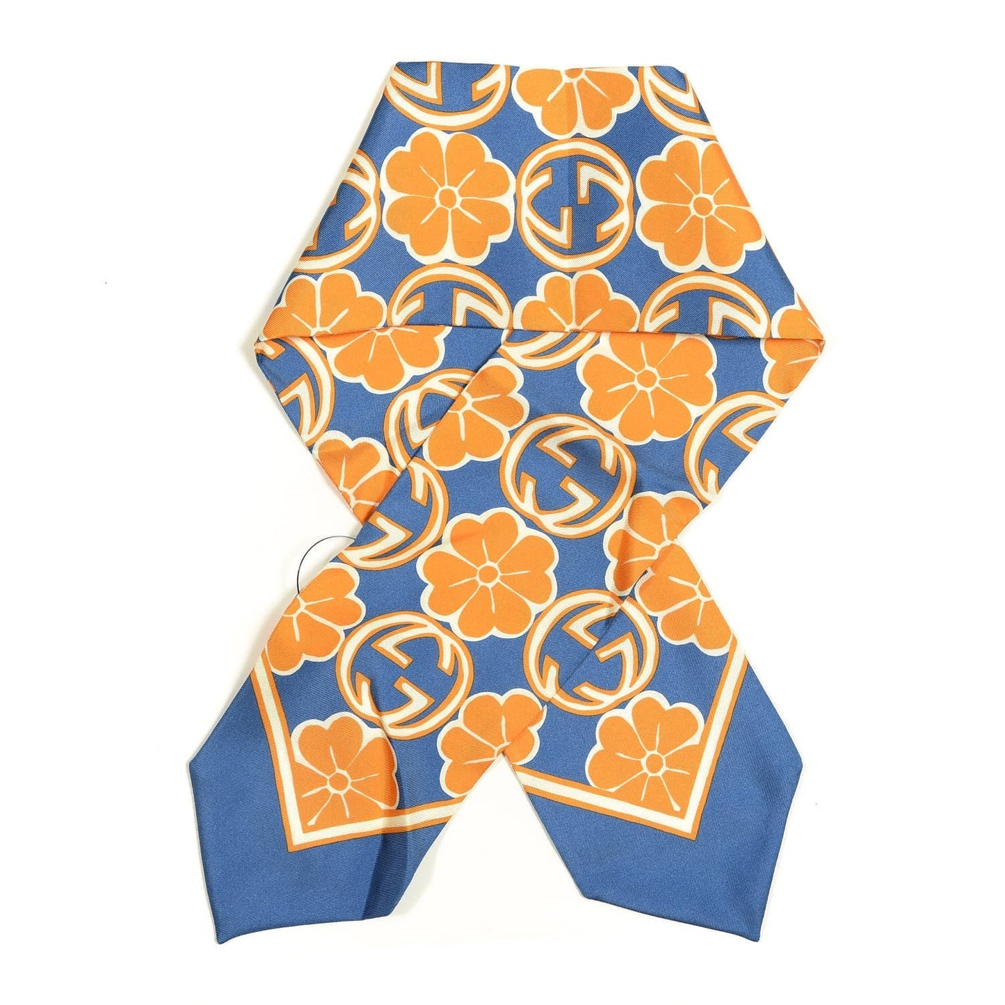 Gucci GG Flower Silk Foily Skinny Scarf in Blue