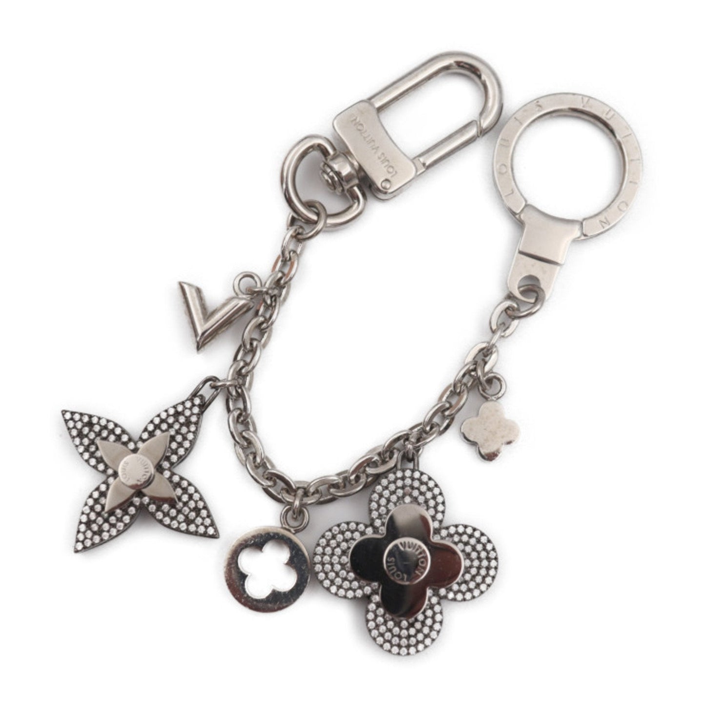 LOUIS VUITTON bijoux sack shenne key holder M64266 metal rhinestone silver bag charm ring monogram flower