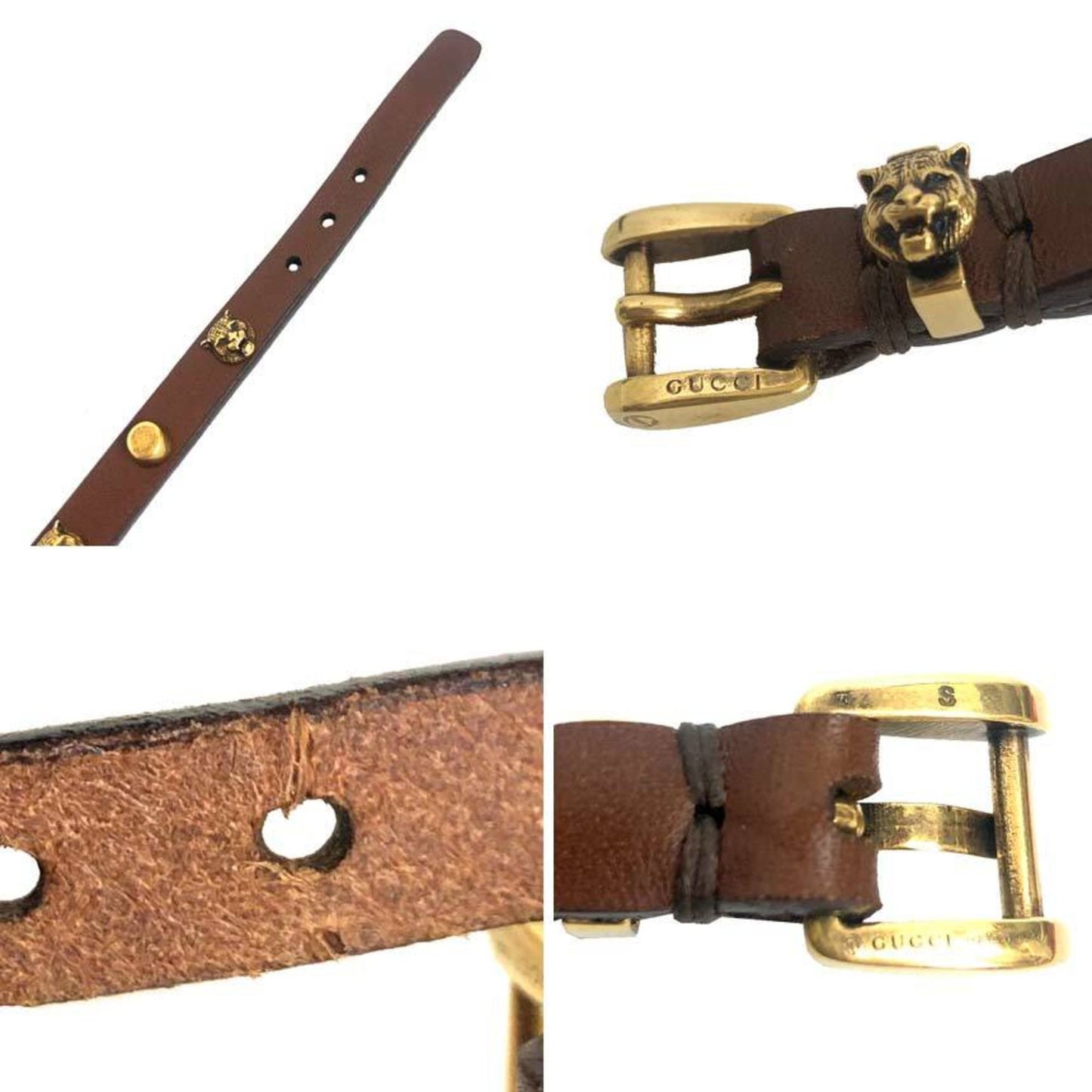 Gucci Cat Head Bracelet 501543 Leather Brown Gold Unisex