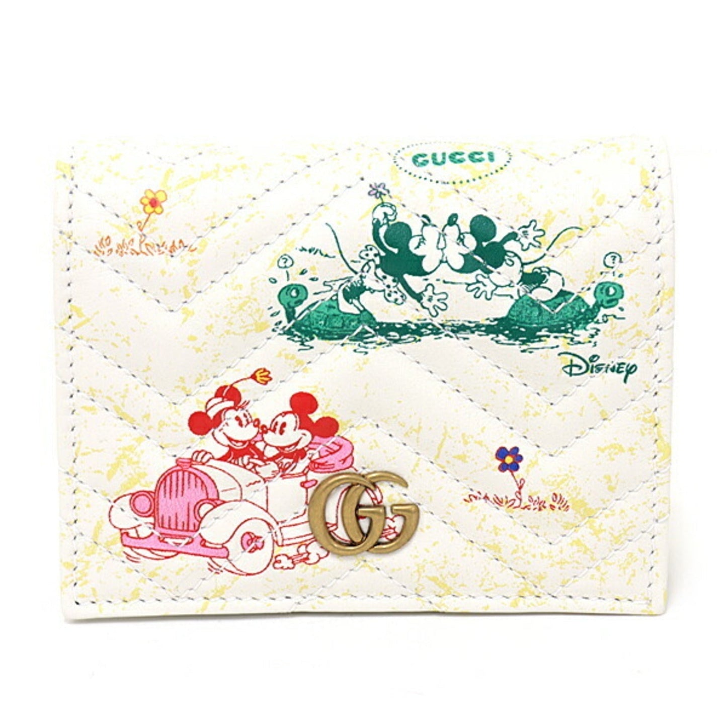 GUCCI x Disney GG Marmont Card Case Wallet Bifold Compact Double G Mickey Minnie Leather 616768 White Multicolor Gold Hardware
