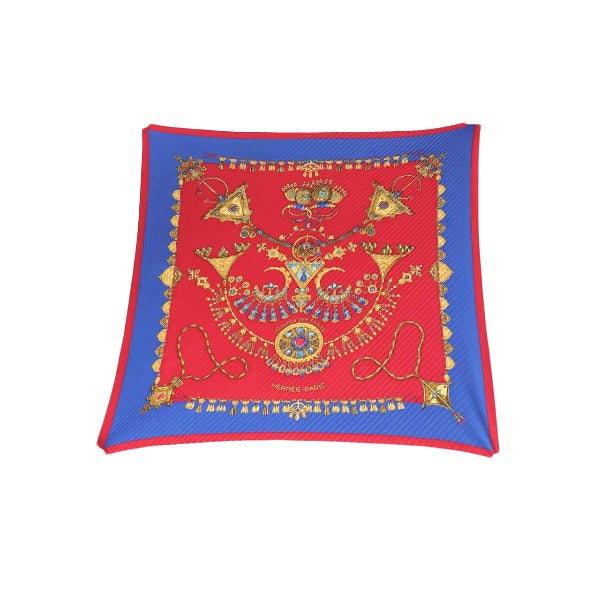 HERMES scarf silk Blue x red Pleated scarf PleatedCarre Jewelry pattern Women Used