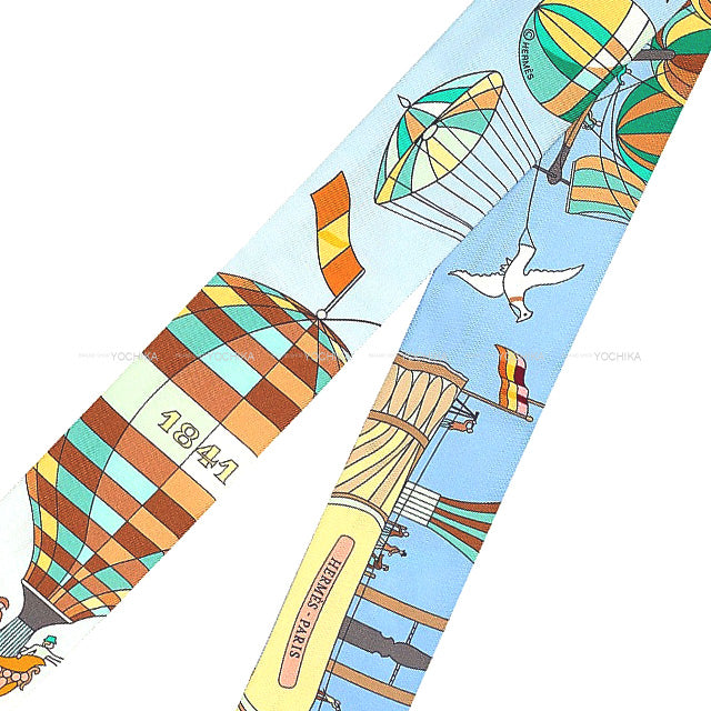 HERMES scarf Twilly Les Folies du Ciel Soleil Blue lavender/Vert Silk100%