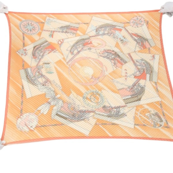HERMES scarf silk Orange 100% silk PleatedCarre Women Used