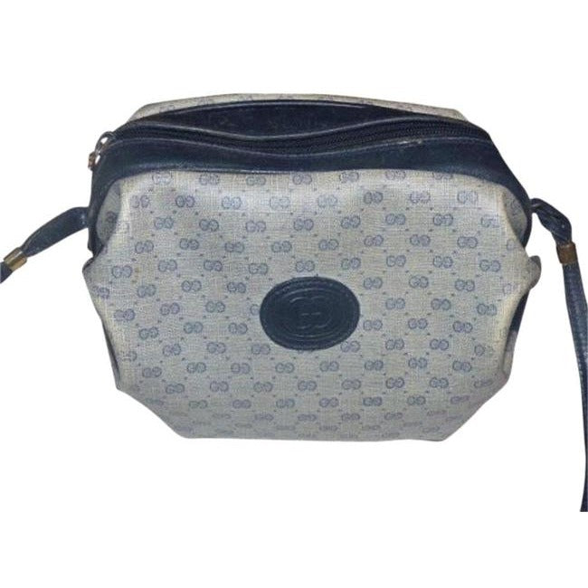 Gucci Vintage Blue Leather And Gg Leather Cross Body Barrel Bag