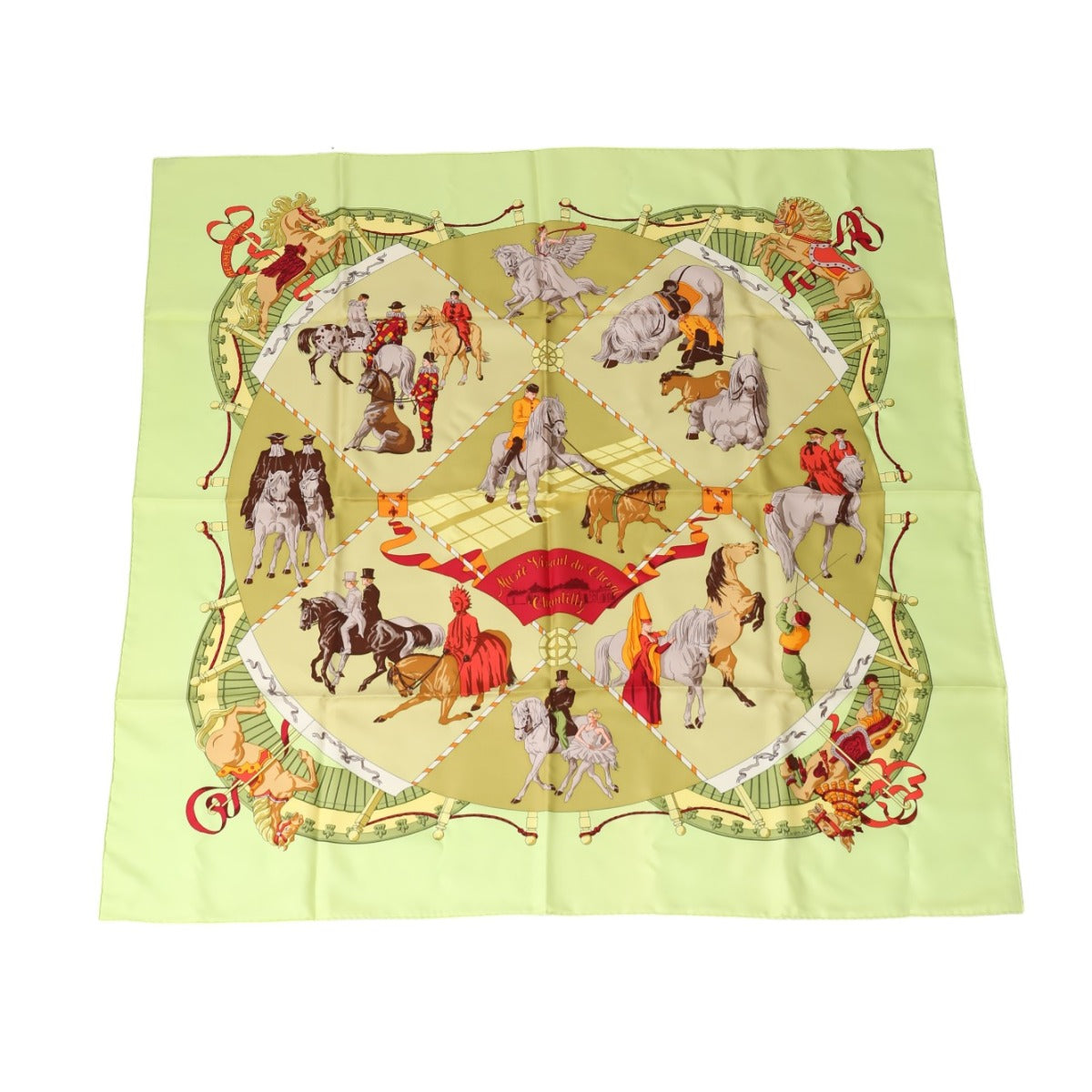 HERMES scarf silk Yellowish green Stall Chantilly Castle Horse Museum Carre90 Women Used