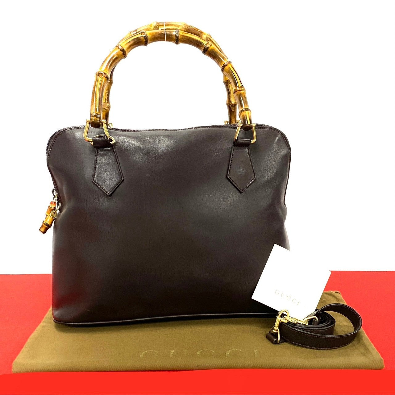 GUCCI Shoulder Bag leather Brown Bamboo