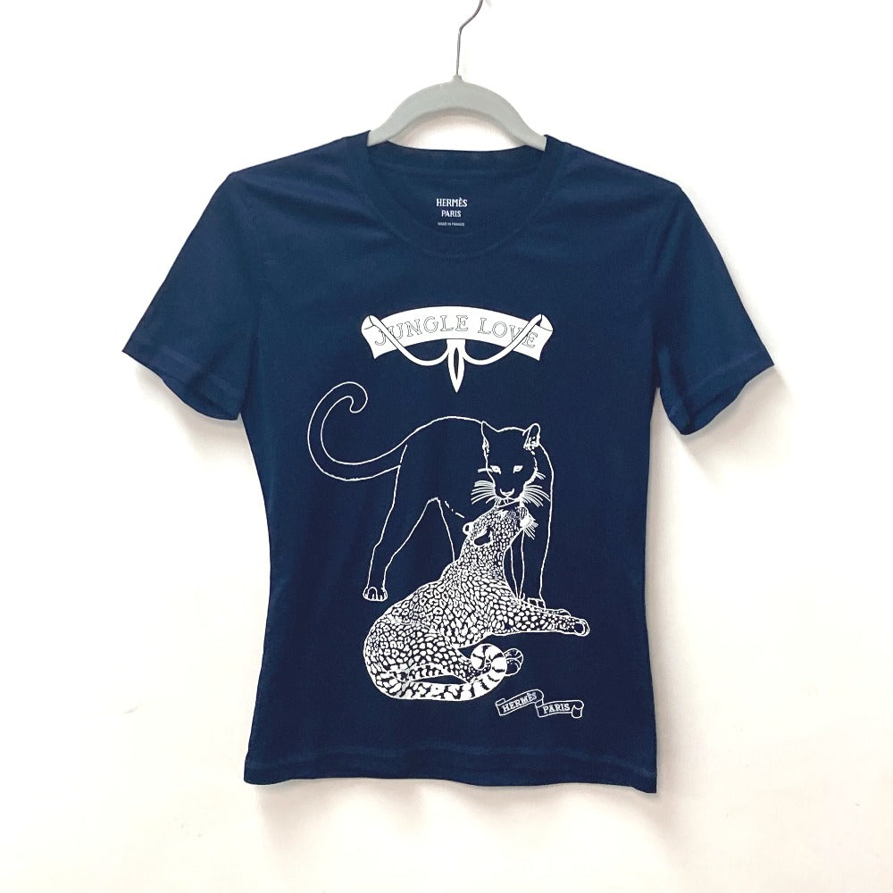 HERMES Short sleeve T-shirt cotton Navy leopard leopard leopard Jungle Love logo Women 34 Used