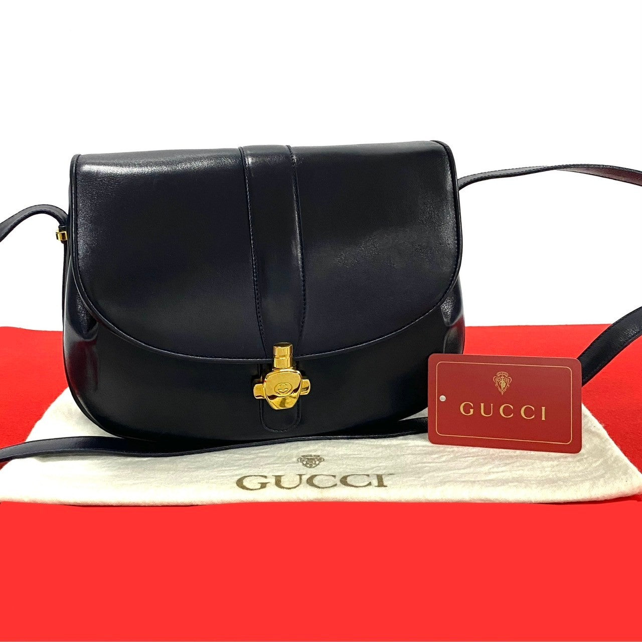 GUCCI Shoulder Bag Calfskin, Leather Navy GG logo Metal Women Used