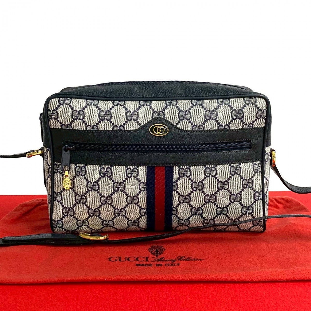 GUCCI Shoulder Bag leather Navy Sherry line